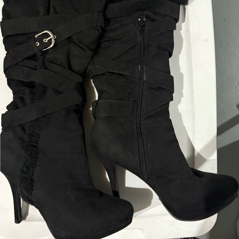 Lightly worn Black Heeled Boots with Buckle Detail
